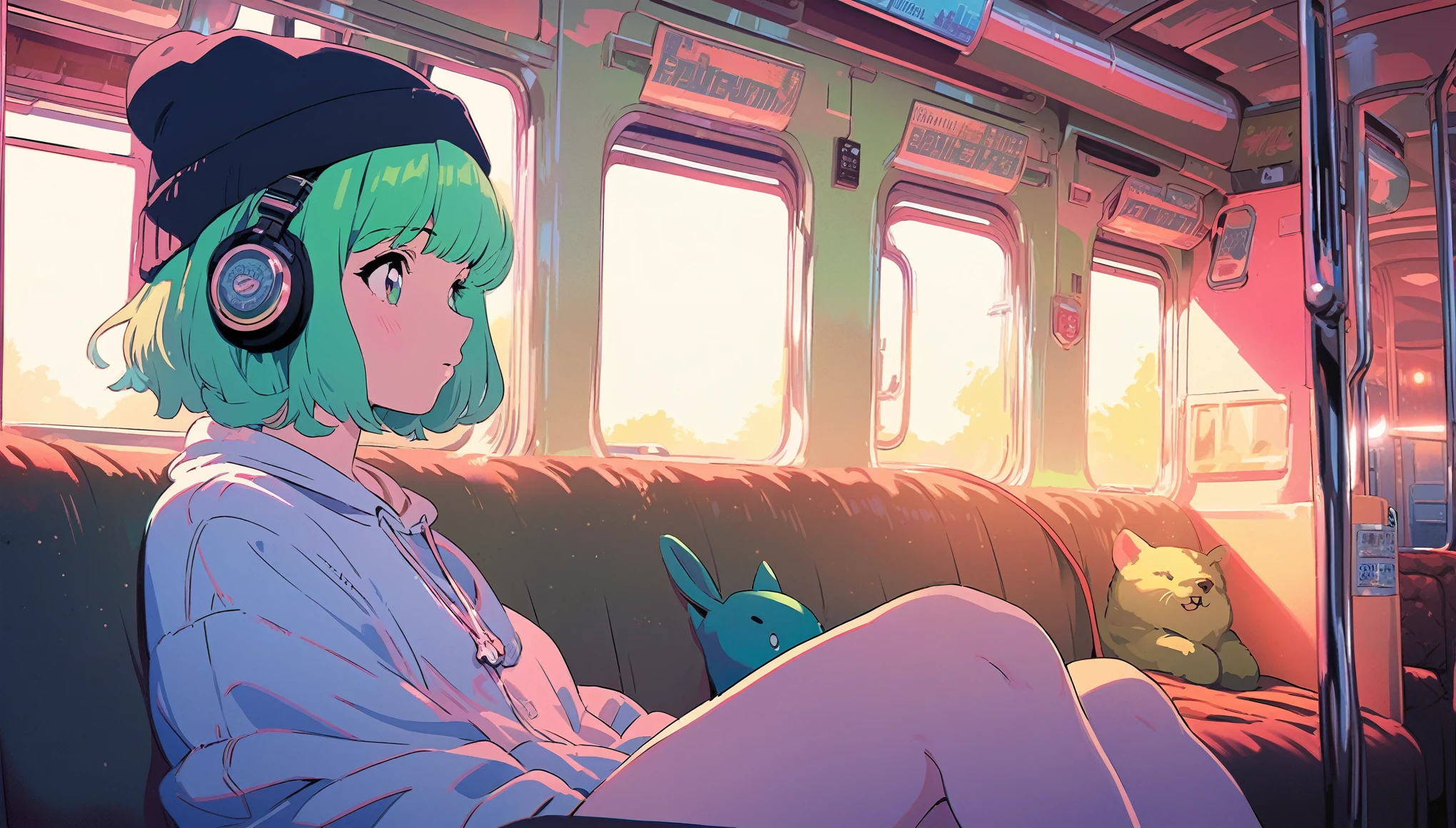 (extremely detailed CG unity 8k wallpaper), (best quality), (best illustration), (best shadow), realistic lighting, beautiful detailed reglow, masterpiece, best quality, lofi artstyle, lofi art, 80s anime style, Retro, Lo-Fi, 1girl, solo, short hair, green hair, sitting, window, headphones, ground vehicle, train interior, anime, bangs, beanie, black headwear, 