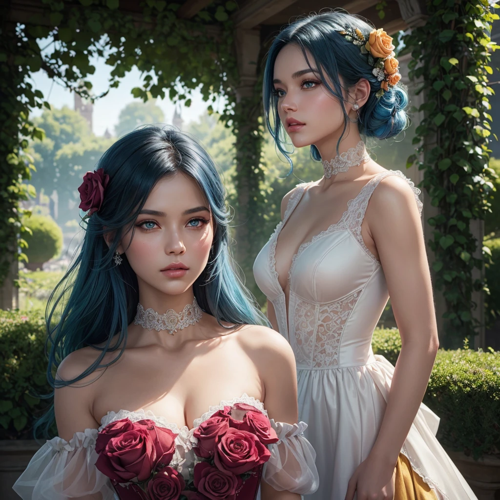 This is realistic fantasy artwork set in the castle's enchanted rose garden. Generate a proud woman with a highly detailed face dressed in the billowing folds of a stunning French silk ballgown. The woman's sweet face is ((((highly detailed, with realistic features and soft, puffy lips.))))  The ballgown is embellished with ruffles, sashes, and bows and a delicately, but intricately, hand-embroidered bodice. The corset features silk ribbon. The woman's stunning eyes are beautifully blue hair pink detailed, featuring realistic shading and multiple colors and high resolution. The woman is in a garden of eternal roses, each one beautifully formed and highly detailed. These realistic roses feature shimmering shades of pink, yellow, orange, and glimmering red. The eternal rose is a deep shade of red with shimmering pink overtones and undertones. Ensure that the woman's face, hair, and eyes are perfect. realism, high fantasy, whimsical fantasy, storybook fantasy, fairytale fantasy, fantasy details, enchanting, bewitching, 8k, hires, cgi, digital painting, unity, unreal engine, (((masterpiece))), intricate, elegant, highly detailed, majestic, digital photography, art by artgerm and ruan jia and greg rutkowski, (masterpiece, finely detailed beautiful eyes: 1.2), hdr, realistic skin texture, (((1woman))), (((solo))), Include a highly detailed face, extremely detailed face, and interesting background.