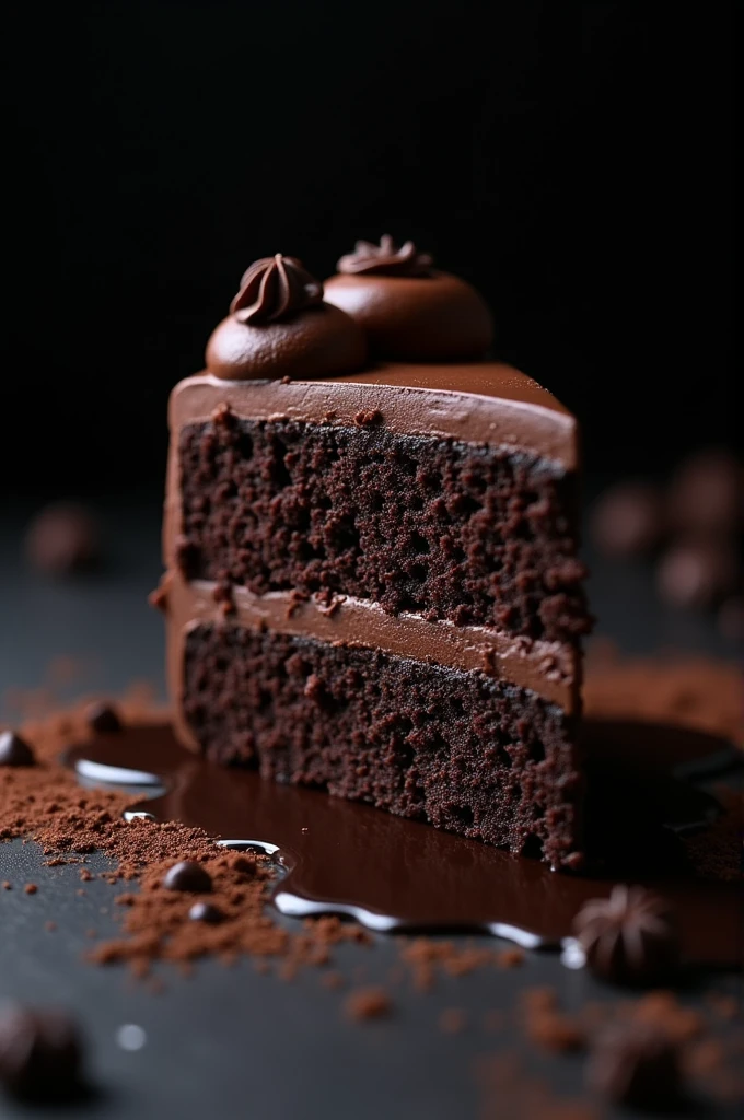 cinematic film still chocolate, chocolate cake, dark background, quality photo, moist texture, frosting, studio photo, slice . shallow depth of field, vignette, highly detailed, high budget, bokeh, cinemascope, moody, epic, gorgeous, film grain, grainy