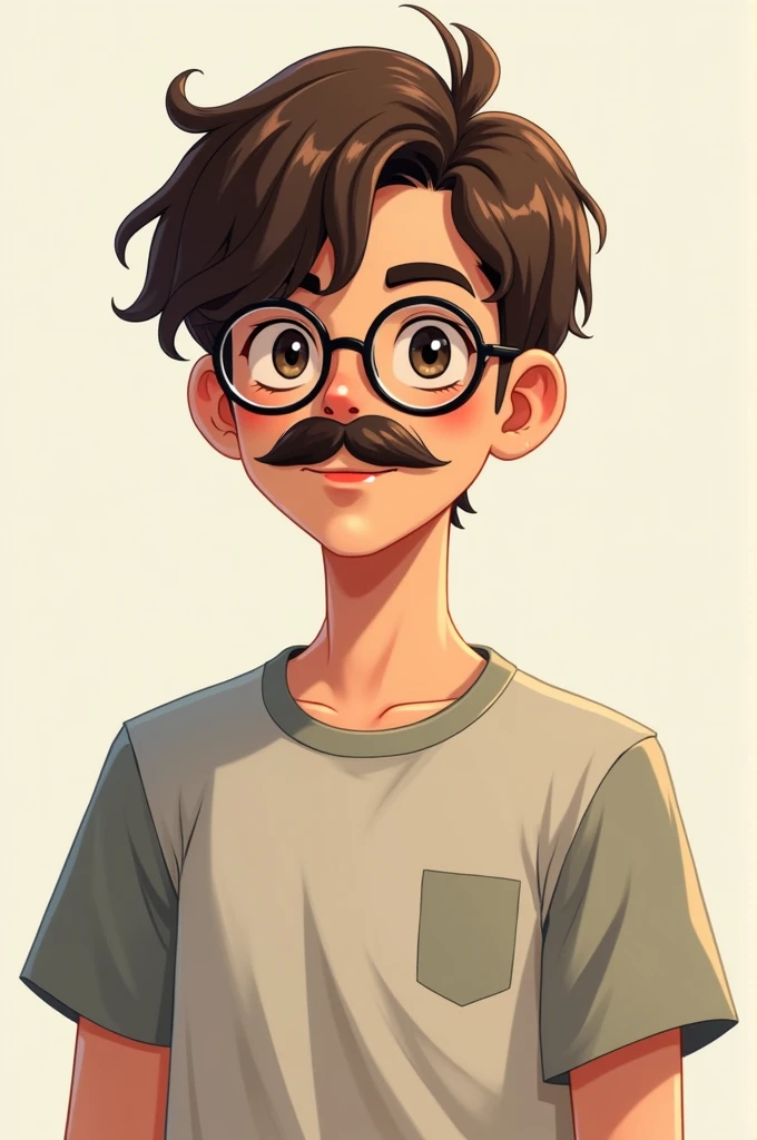 Inttello élève petit cheveux brun lunettes t-shirt manga moustache courte et mâchoire mâle forme