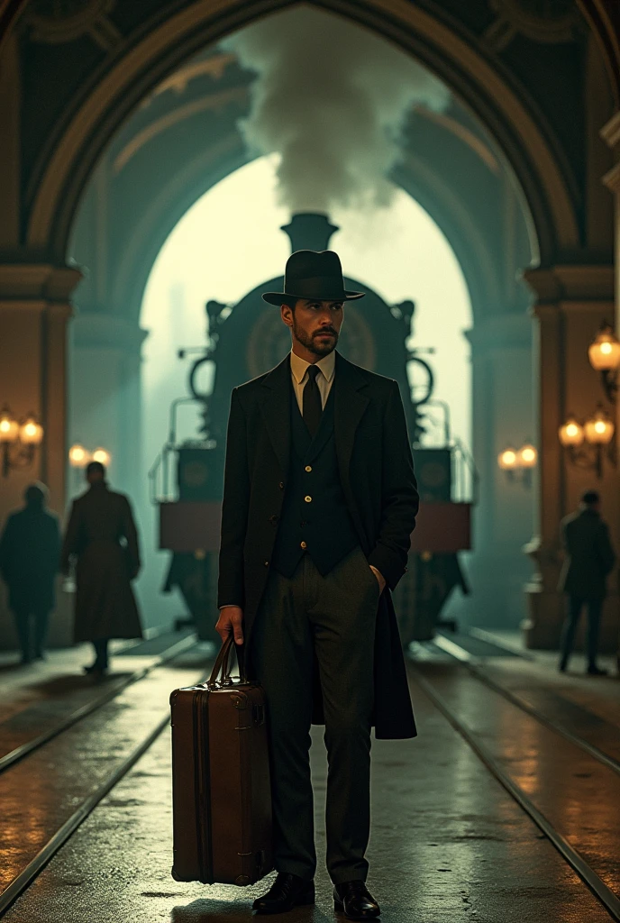 A candid photo of an artistic retro italian man, standing with his suitcase in gothic old train station, waiting for the steam train, dark navy blue green and gold shiny colors, retro 35mm Kodak photography