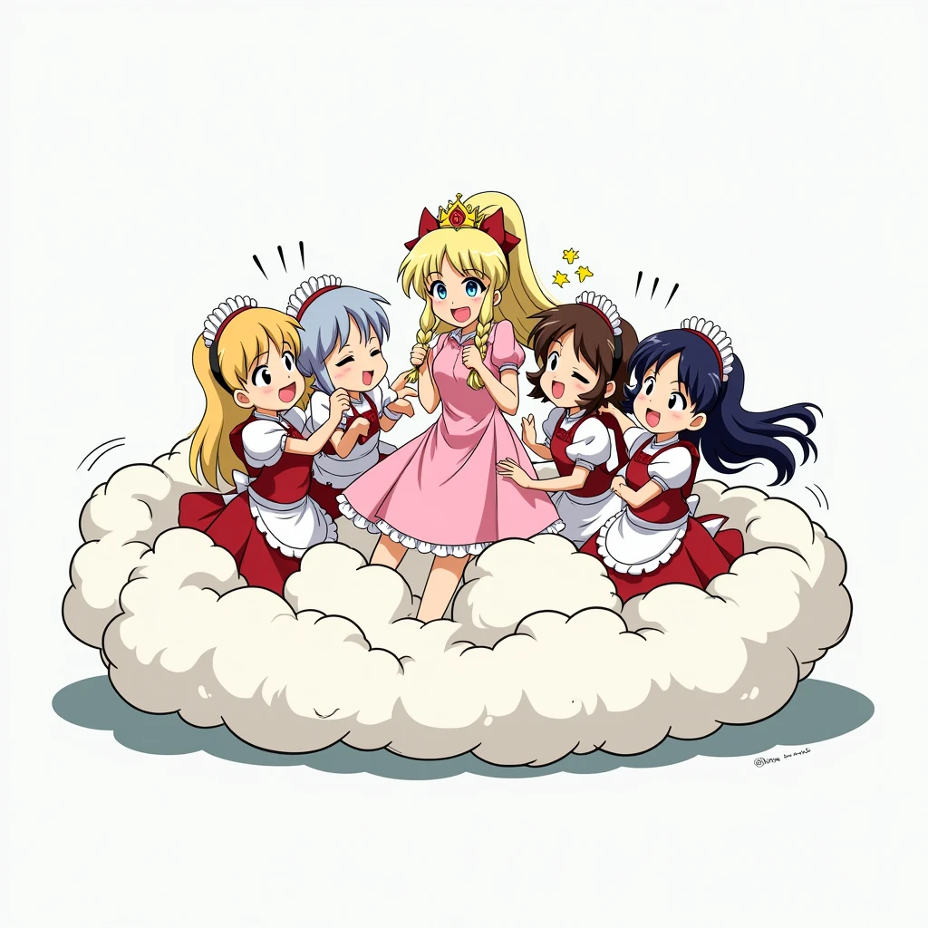 An anime-style illustration depicting four maids and princess playfully wrestling with each other inside a pink comical fight cloud (dust cloud).
each girl has different colored hair.one princss with blonde long braided and blue-eyes and pink-dress.
their faces,hands,and feet are visible emerging from the cloud as they tussle humorously, with the rest of their bodies completely hidden inside the cloud.
the illustration emphasizes the humorous and energetic nature of their scuffle,with a fluffy and exaggerated fight cloud.