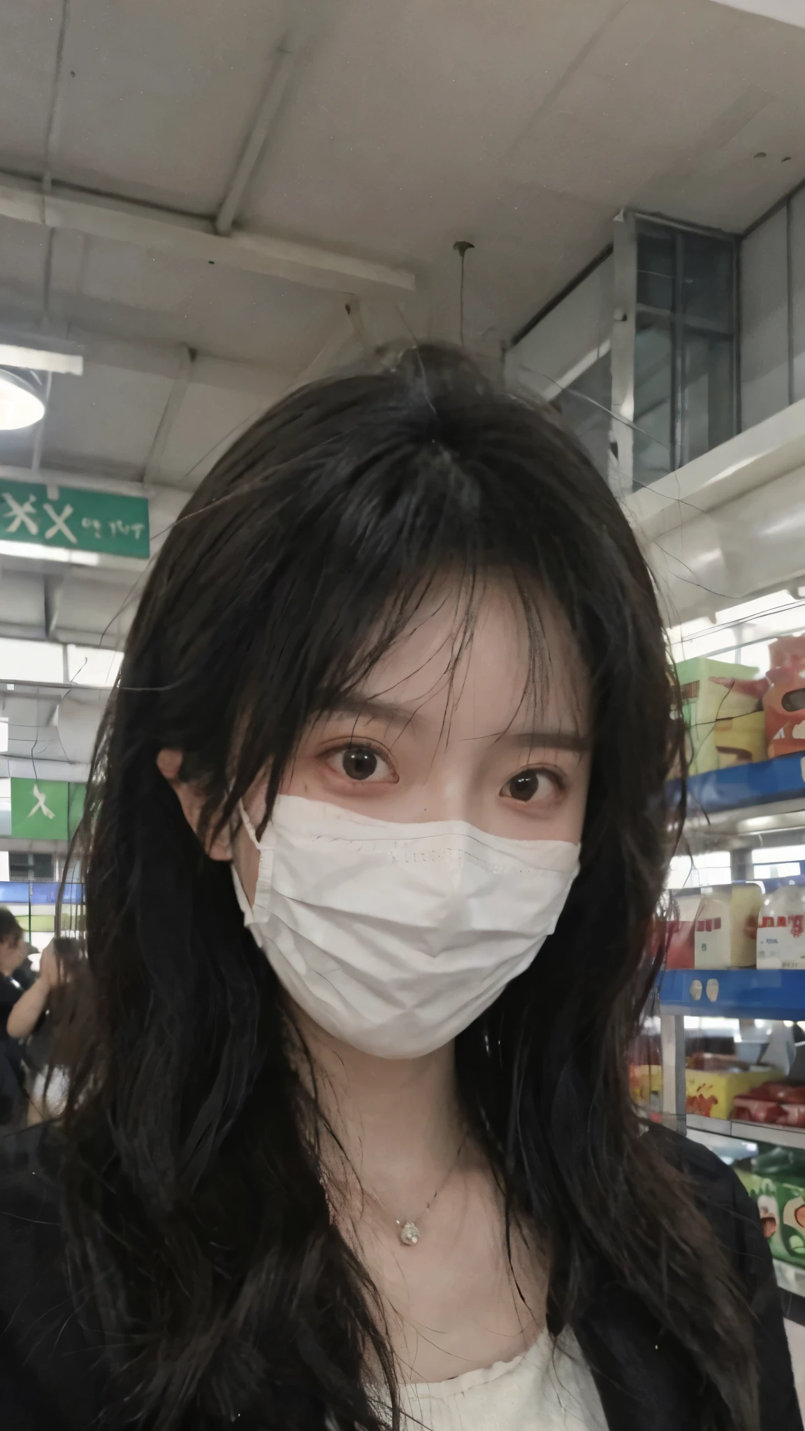wear mask,Best quality,wear mask,Ultra-high resolution,(Realism:1.4),wear mask:1.4,Cute hairpins,girll,Cropped black sweater,wear mask,Look directly at the audience,Full of atmosphere,Beautiful woman with a slim figure:1.4,wear mask,supermarket,whole body,Super delicate face,Exquisite eyes,Double eyelids,necklace,wear mask,
