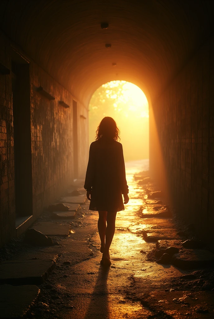 A sad young woman seeing the light of sunlight at the end of the tunnel 