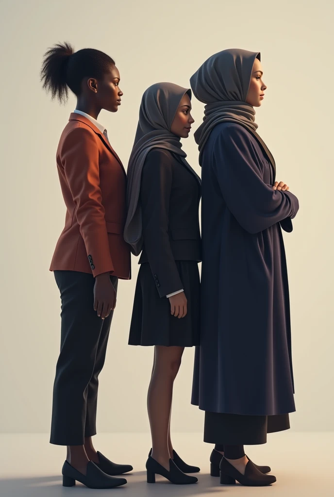 Three women stand back to back, one on the right wearing a graduation uniform, one in the middle wearing a high school uniform, including a hijab, and one on the left wearing an office worker uniform.