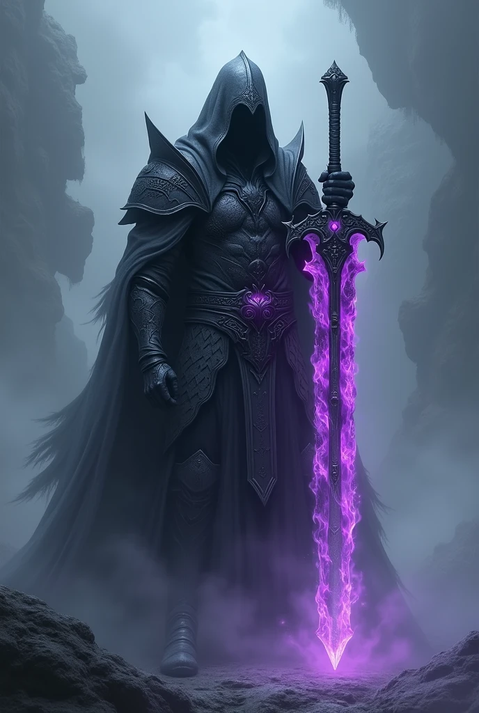 Dark Paldin in the fog with sword covered in purple fire