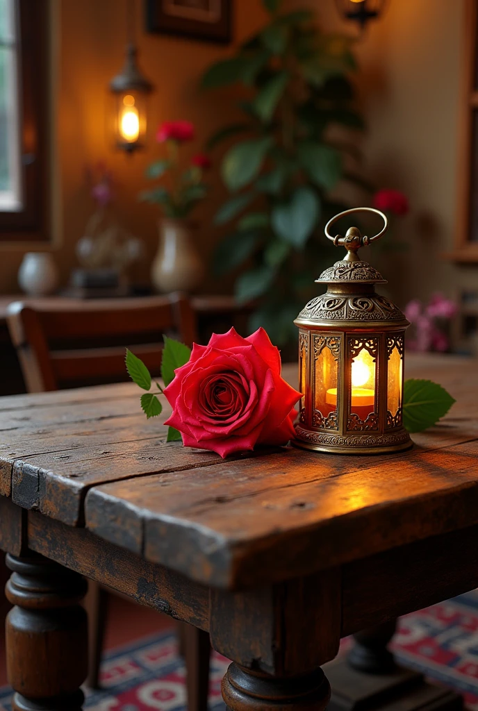 A old Indian table in a house having rose on it with old lalten