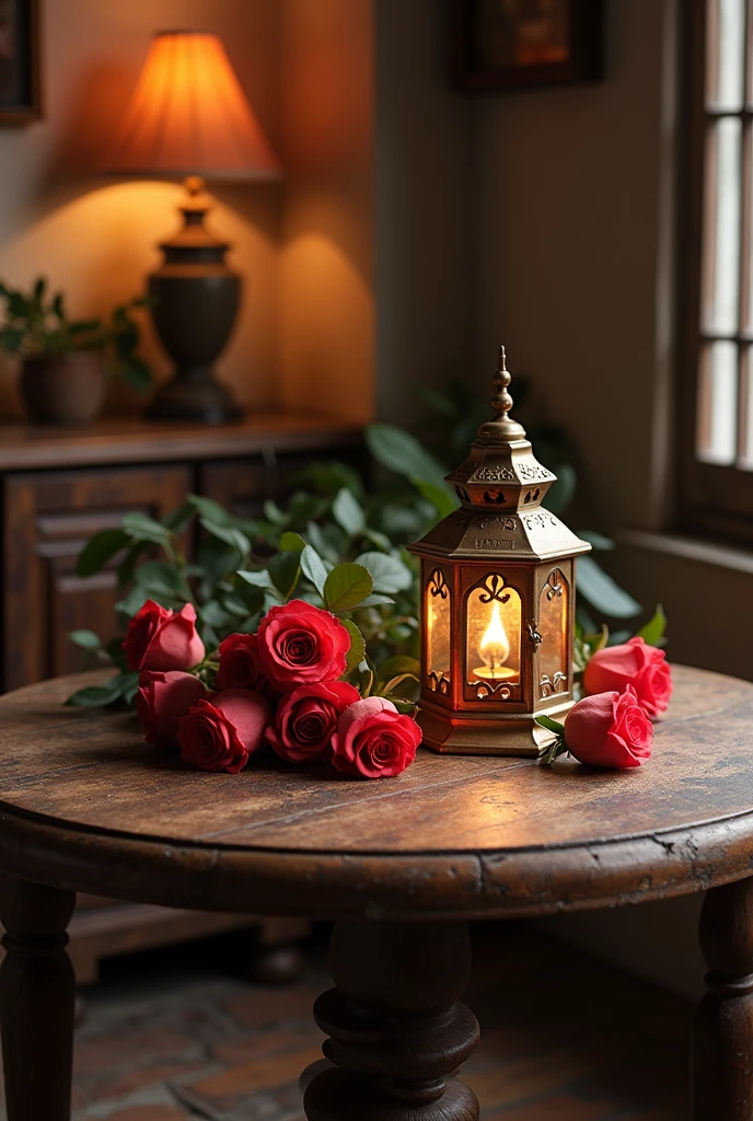 A old Indian table in a house having rose on it with old lalten