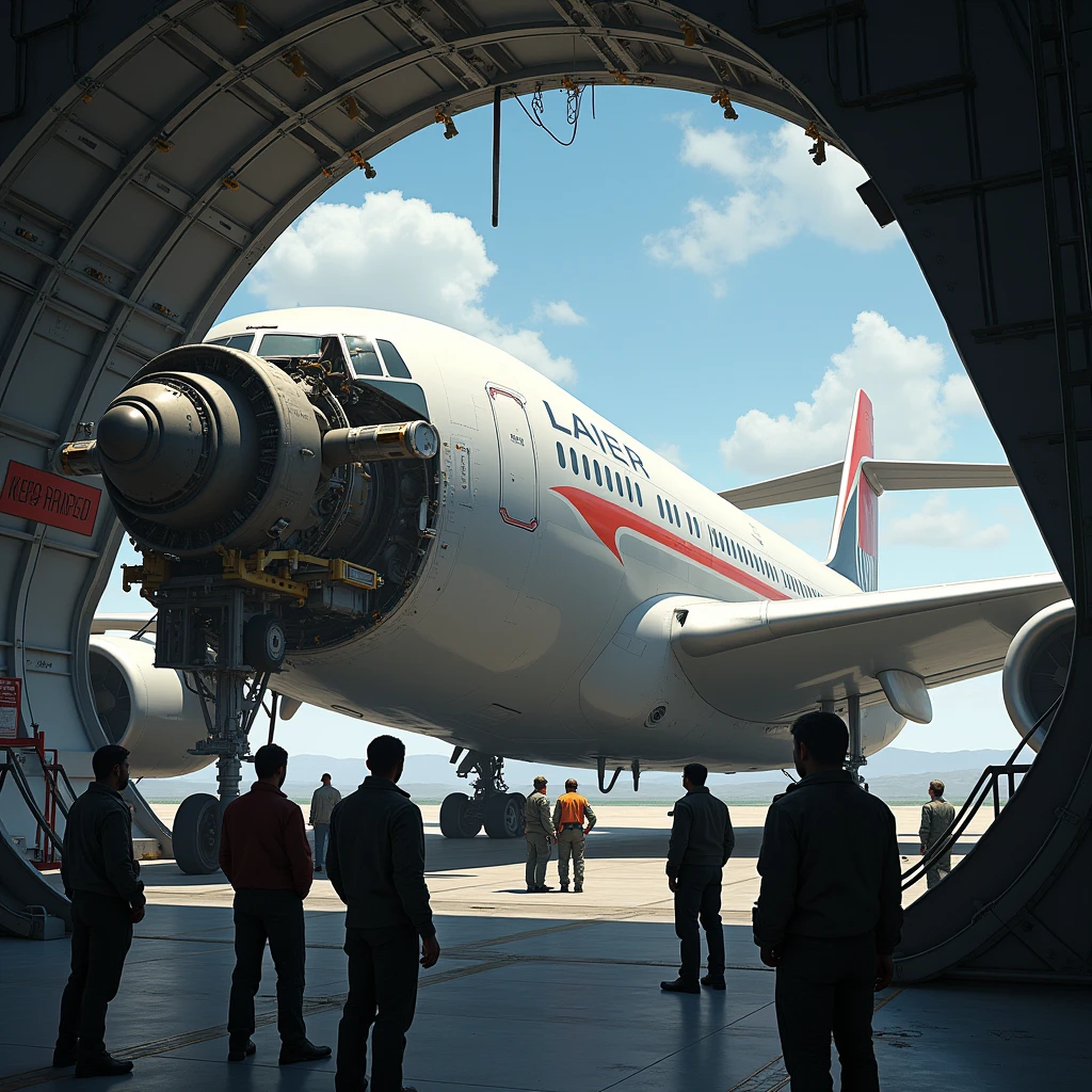 The enemy brought an engineer to fix the plane's engine. Some people are standing inside a plane.