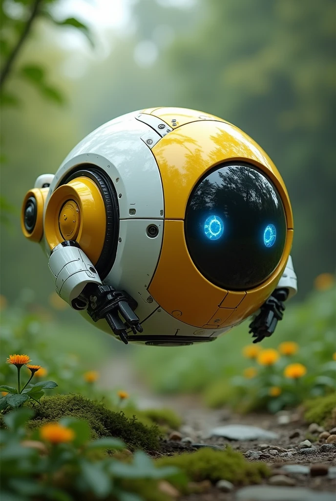 Robot ball floating. Binoculars eyes. Yellow white black . Flying. Yellow body. Blue eyes. Small open circle ear. Very detail high tech. Have hand. Mechanical small arm. Background garden