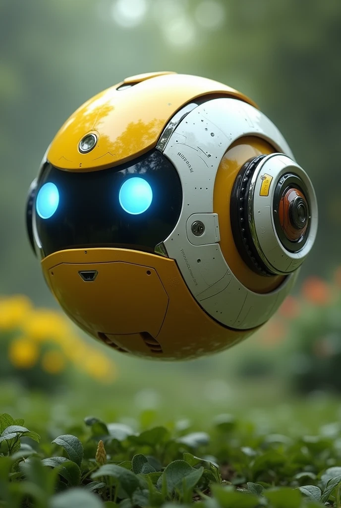 Robot ball floating. Binoculars eyes. Yellow white black . Flying. Yellow body. Blue eyes. Small open circle ear. Very detail high tech. Have hand. Mechanical small arm. Background garden