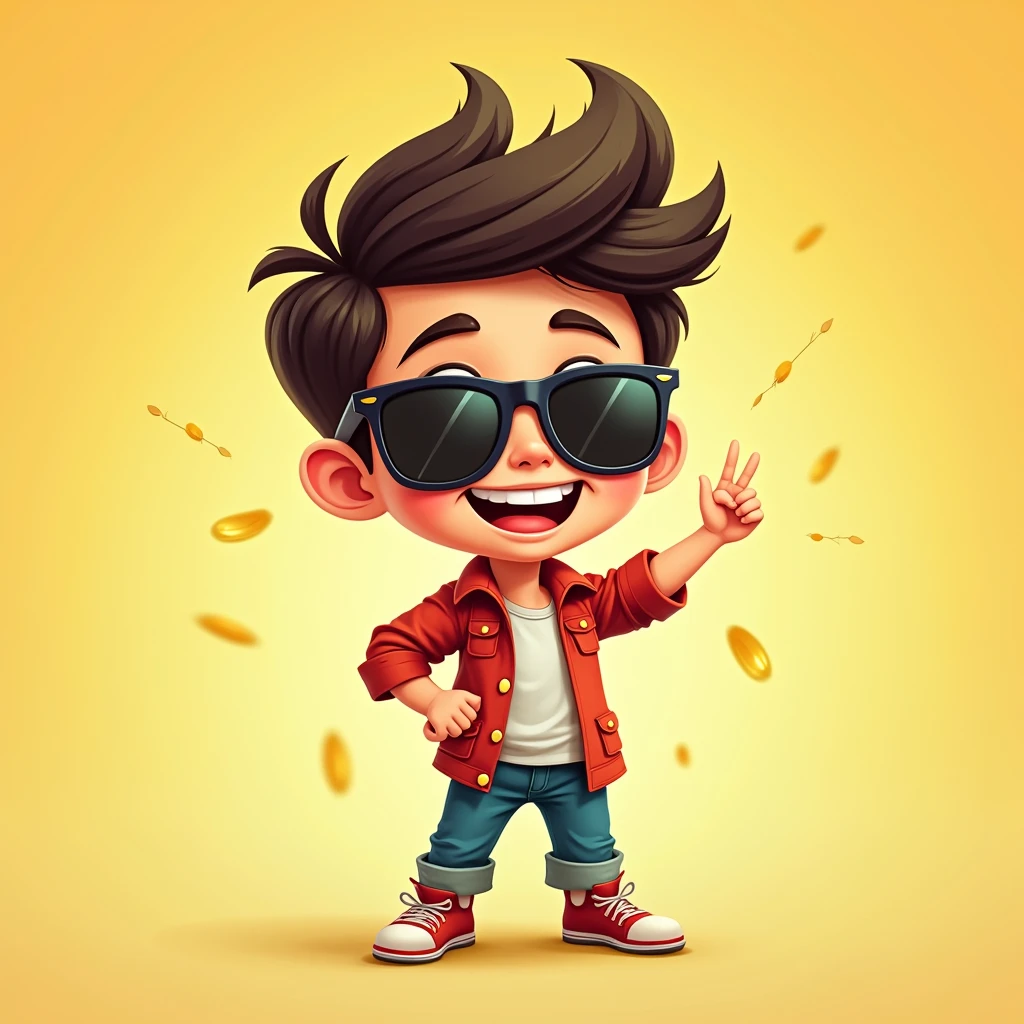 A lucky boy,Cartoon,Wear sunglasses,rich,strong,Bright background