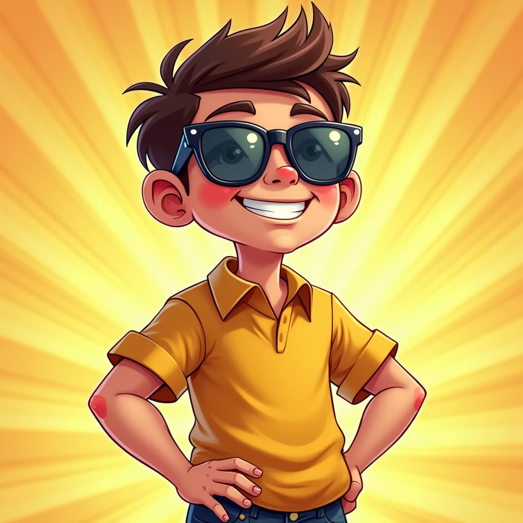 A lucky boy，Cartoon，Wear sunglasses，rich，strong，Bright background