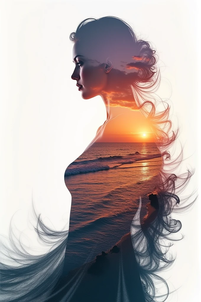 high quality, 8K Ultra HD, A beautiful double exposure that combines an goddess silhouette with sunset coast, sunset coast should serve as the underlying backdrop, with its details incorporated into the goddess , crisp lines, The background is monochrome, sharp focus, double exposure, by yukisakura, awesome full color,