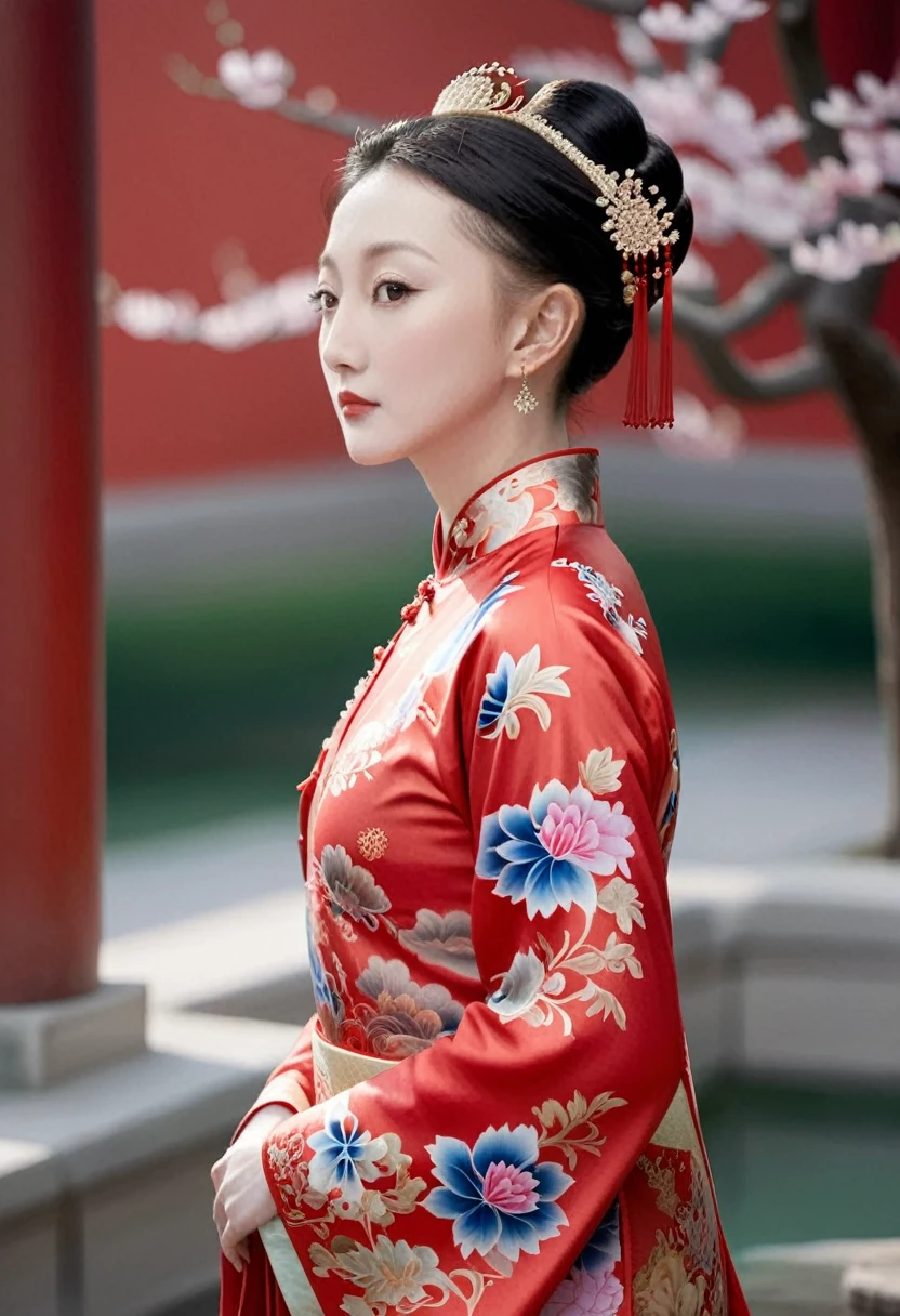 The empress of the Qing Dynasty is wearing a red floral patterned dress, completely naked, with her profile showing and her buttocks sticking out, posing in the luxurious palace of the empress of the Qing Dynasty.