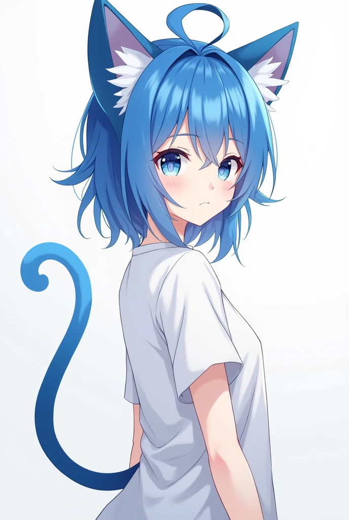 A girl with blue hair, ears, a tail, wearing a plain shirt, anime
