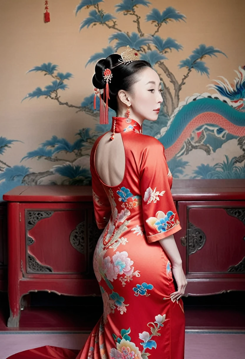 The empress of the Qing Dynasty is wearing a red floral patterned dress, completely naked, with her profile showing and her buttocks sticking out, posing in the luxurious palace of the empress of the Qing Dynasty.