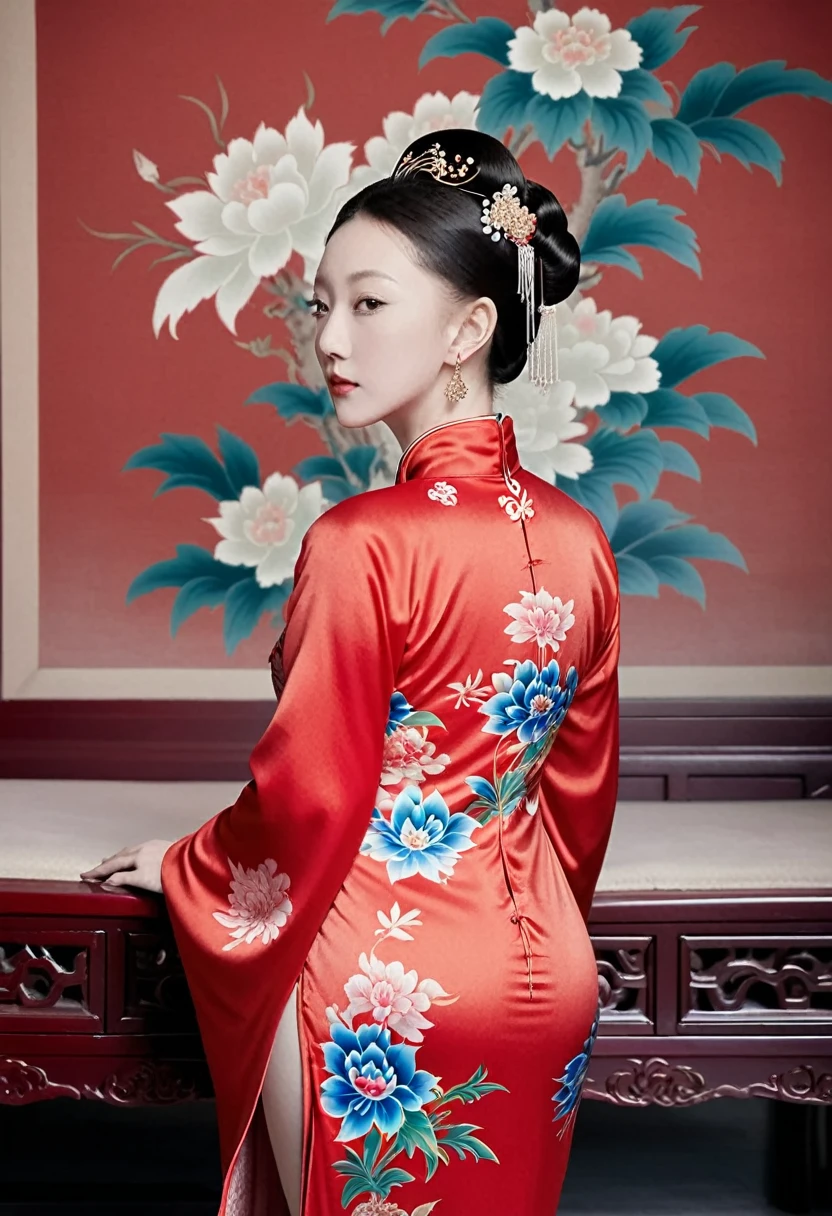 The empress of the Qing Dynasty is wearing a red floral patterned dress, completely naked, with her profile showing and her buttocks sticking out, posing in the luxurious palace of the empress of the Qing Dynasty.