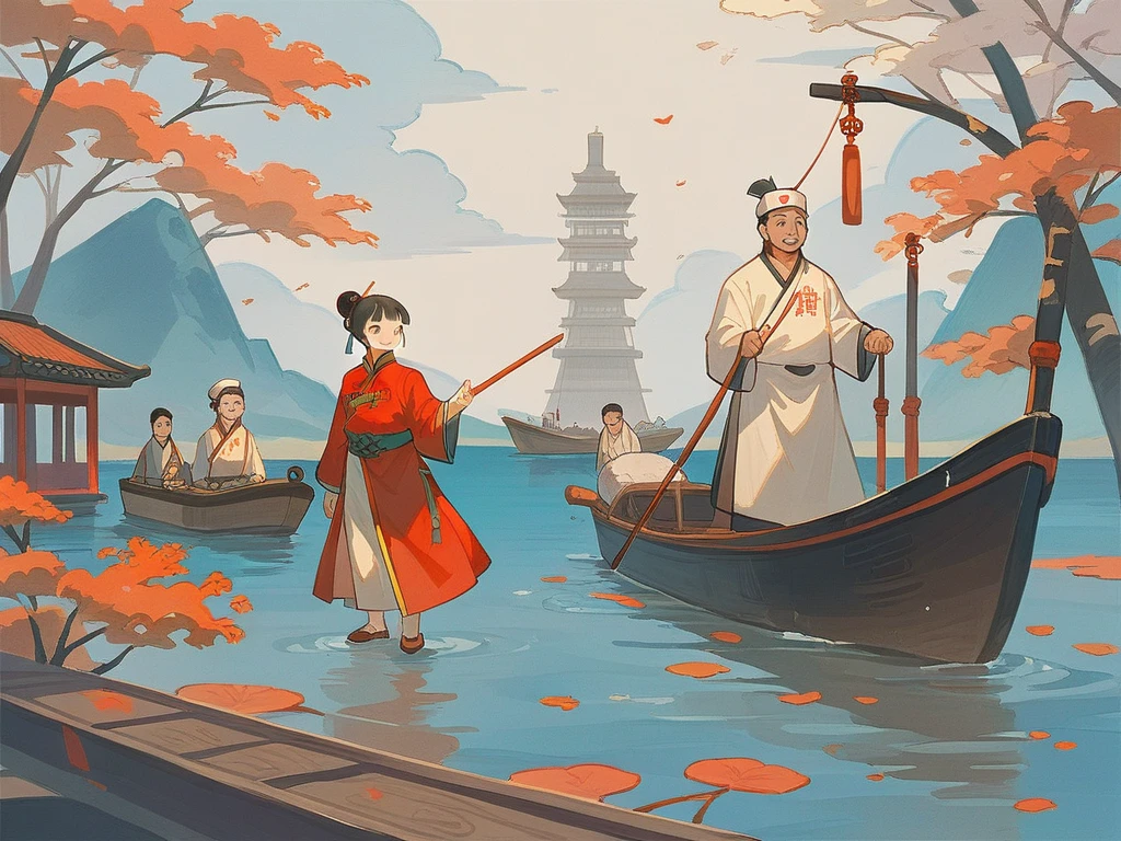 best quality，People wearing Hanfu standing on the boat ，Anime characters wearing Hanfu, Chinese, 穿着ancient China的衣服, ancient China, 身着ancient China服饰, Chinese traditional clothing, Chinese Fantasy