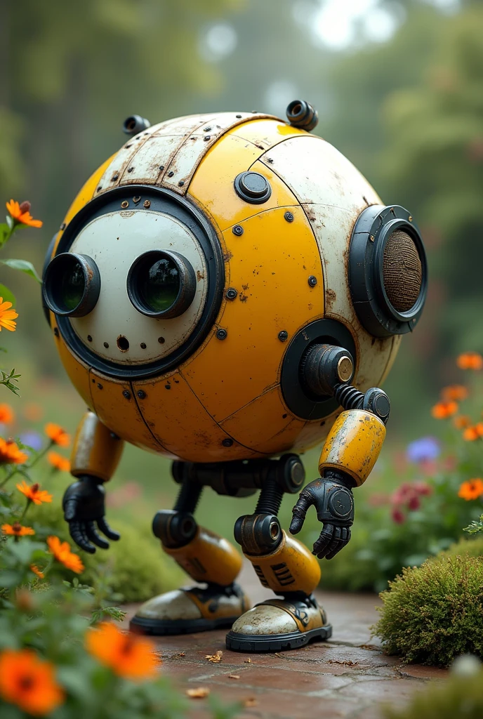 a detailed steampunk robot ball with binoculars eyes, yellow white and black colored body, floating in a garden, with a small open circle ear, very detailed high tech design, having a hand and mechanical small arm