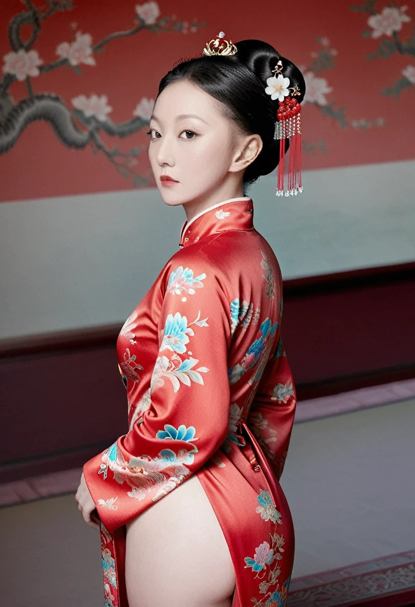 The empress of the Qing Dynasty is wearing a red floral patterned dress, completely naked, with her profile showing and her buttocks sticking out, posing in the luxurious palace of the empress of the Qing Dynasty.