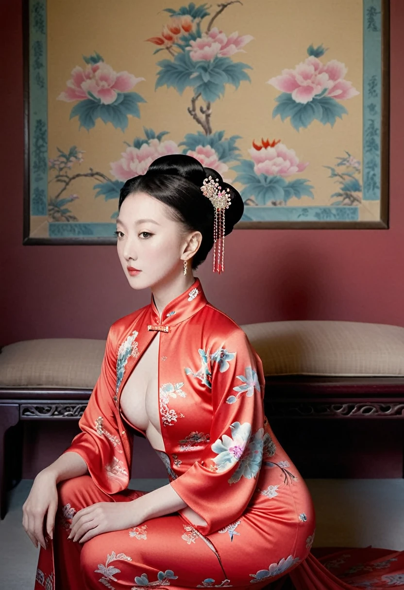 The empress of the Qing Dynasty is wearing a red floral patterned dress, completely naked, with her profile showing and her buttocks sticking out, posing in the luxurious palace of the empress of the Qing Dynasty.