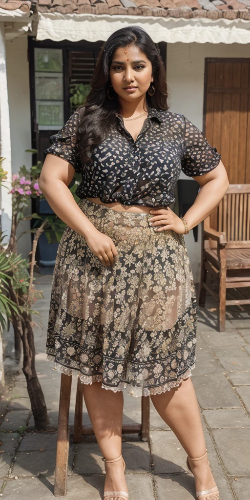 Day scene, A radiant, full-figured South Indian 35 year old aunty a gray colour chiffon mini skirt and black chiffon shirt, standing, in a garden captured in a full-body image with vibrant hues and meticulous details. Full body image