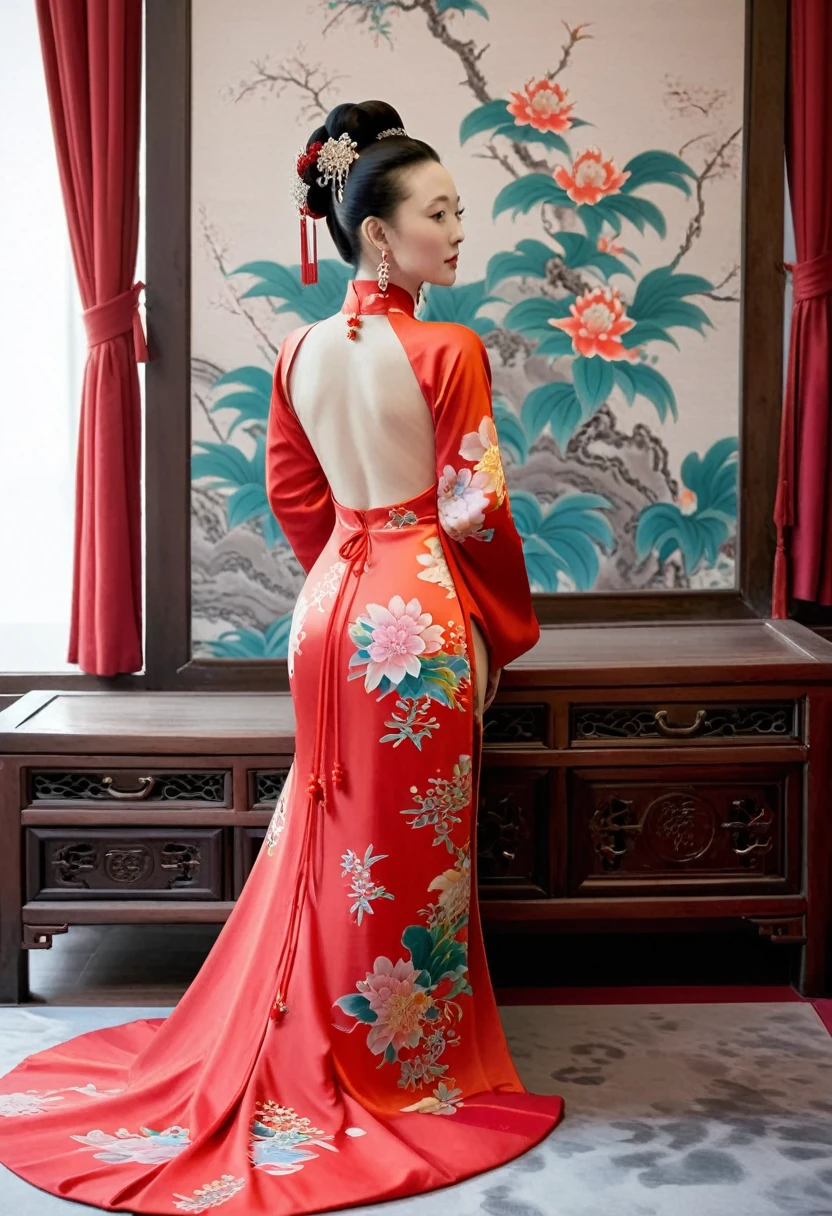 The empress of the Qing Dynasty is wearing a red floral patterned dress, completely naked, with her profile showing and her buttocks sticking out, posing in the luxurious palace of the empress of the Qing Dynasty.