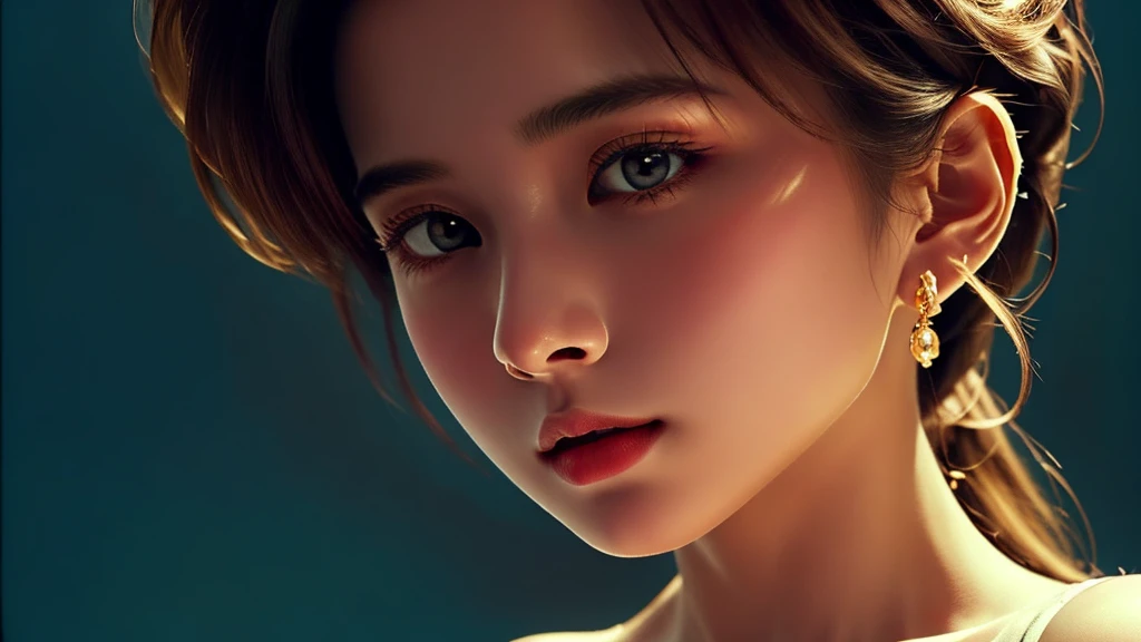 The artwork features a stunning portrait of a beautiful girl with a dark theme, ultra-sharp 16k CG, a masterpiece, excellent image quality, very delicate), (excellent lighting and shadows, exquisite and beautiful), truly smooth skin, bright face, displaying near-perfect 18k quality, versatile, lovely.