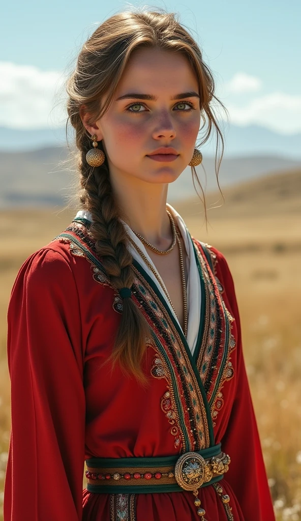 Photorealistic portrait of 18-year-old Emma Watson in Kazakh national dress., Asian flavor. in the steppes of Kazakhstan, National Kazakh clothes in the dominant pose, spread out over 