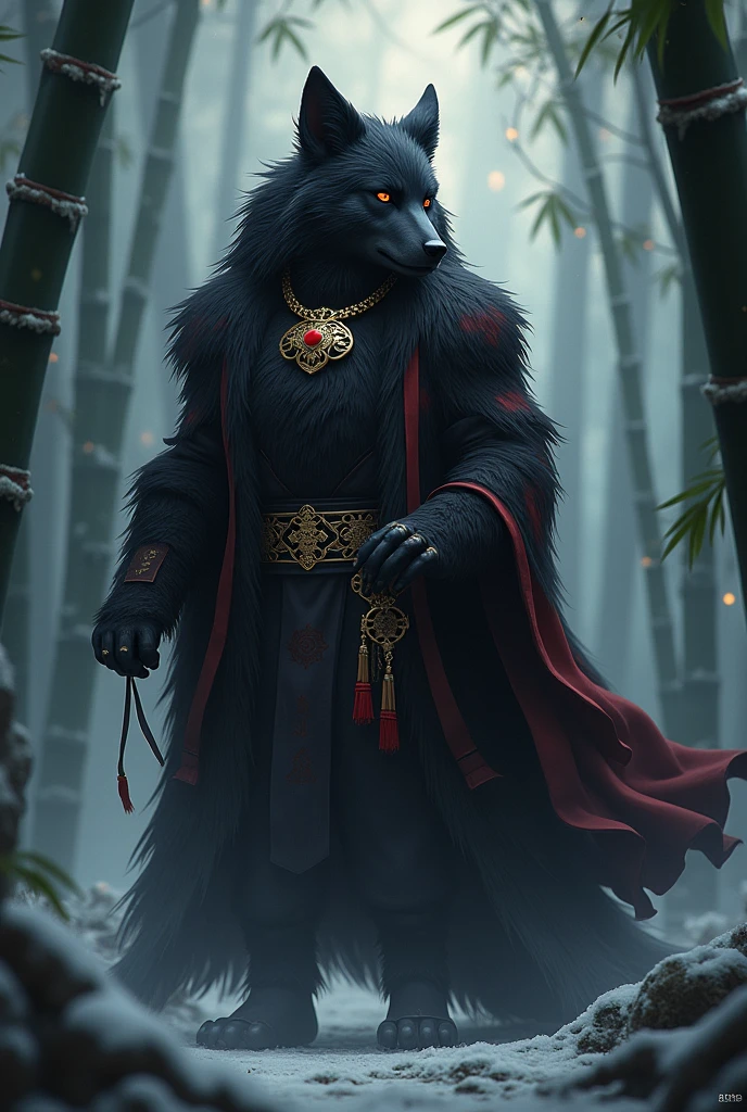 a detailed furry wolf with black fur, crimson markings, wearing a black and gold bell collar, in a bamboo forest in winter, wearing traditional Chinese clothing, low lighting, night scene, holding an iron fan, tall and mature with flowing hair, full body shot