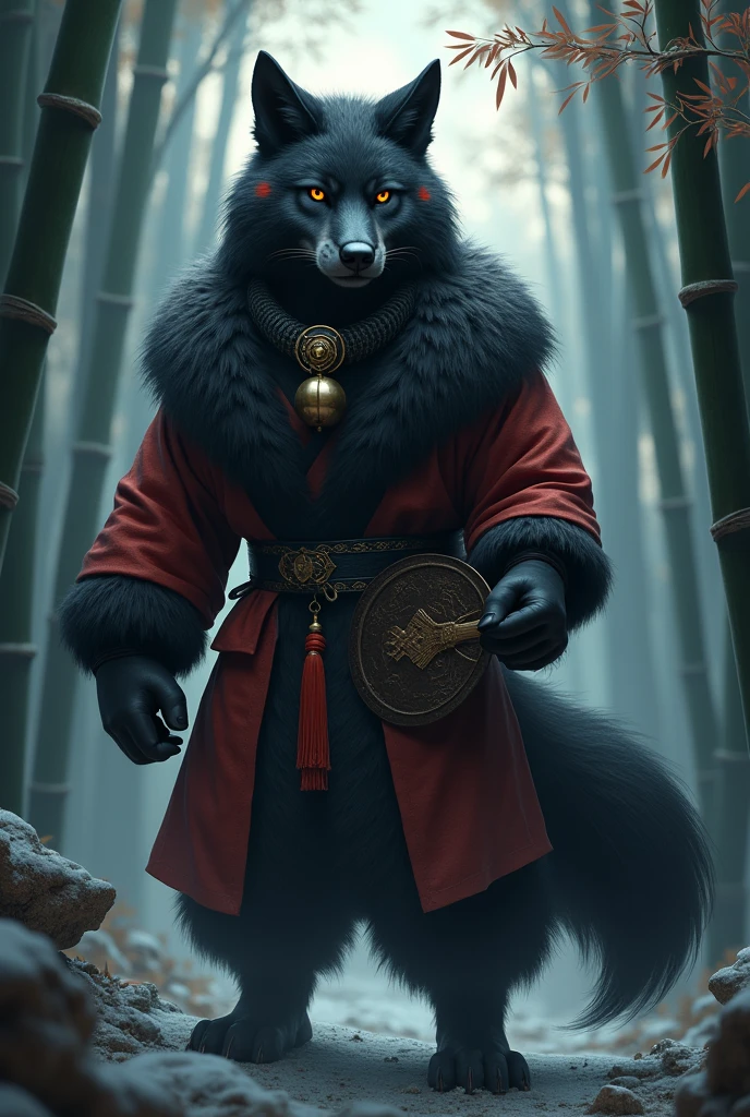 a detailed furry wolf with black fur, crimson markings, wearing a black and gold bell collar, in a bamboo forest in winter, wearing traditional Chinese clothing, low lighting, night scene, holding an iron fan, tall and mature with flowing hair, full body shot