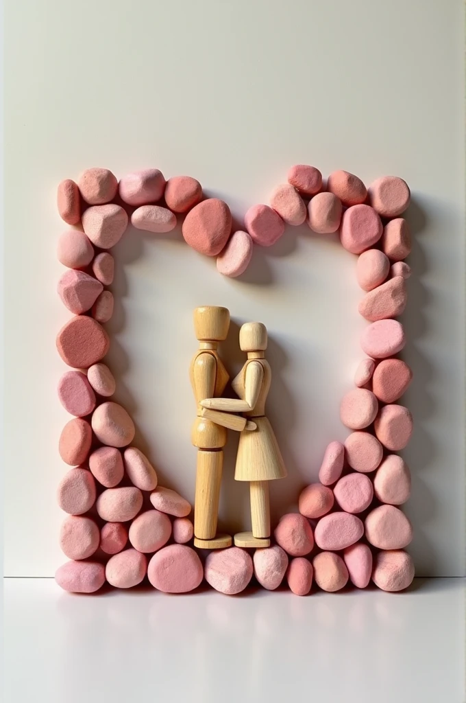 Please make me a rectangular picture frame for Valentine's Day. Including: a 10cm high wooden couple in the middle of a heart made of small stones (pink is the main color)