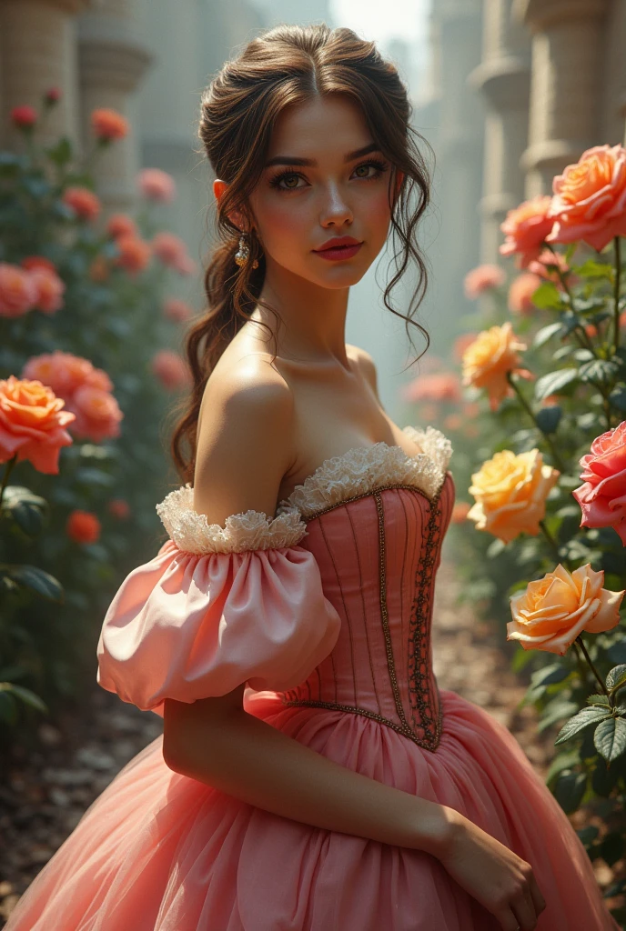 This is realistic fantasy artwork set in the castle's enchanted rose garden. Generate a proud woman with a highly detailed face dressed in the billowing folds of a stunning French silk ballgown. The woman's sweet face is ((((highly detailed, with realistic features and soft, puffy lips.)))) The ballgown is embellished with ruffles, sashes, and bows and a delicately, but intricately, hand-embroidered bodice. The corset features silk ribbon. The woman's stunning eyes are beautifully detailed, featuring realistic shading and multiple colors and high resolution. The woman is in a garden of eternal roses, each one beautifully formed and highly detailed. These realistic roses feature shimmering shades of pink, yellow, orange, and glimmering red. The eternal rose is a deep shade of red with shimmering pink overtones and undertones. Ensure that the woman's face, hair, and eyes are perfect. realism, high fantasy, whimsical fantasy, storybook fantasy, fairytale fantasy, fantasy details, enchanting, bewitching, 8k, hires, cgi, digital painting, unity, unreal engine, (((masterpiece))), intricate, elegant, highly detailed, majestic, digital photography, art by artgerm and ruan jia and greg rutkowski, (masterpiece, finely detailed beautiful eyes: 1.2), hdr, realistic skin texture, (((1woman))), (((solo))), Include a highly detailed face, extremely detailed face, and interesting background.