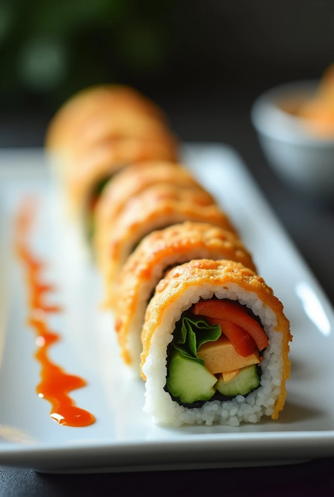 Sushi Roll Nem:
Sushi rolls are filled with crispy spring rolls and raw vegetables, each piece of sushi is placed in a straight line with even spacing. Garnish with a thin, light line of chili sauce along the plate to add color while still maintaining a minimalist style.