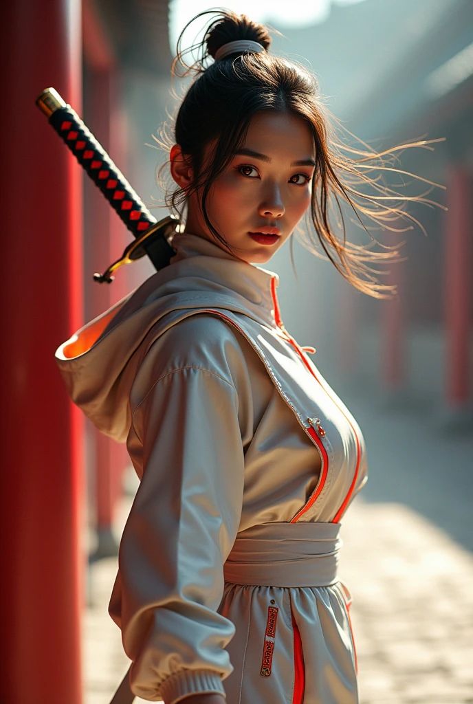 (masterpiece, best quality, beauty),uhd, china female kungfu, korean beauty like tae yon, her face and full body visible, shining red eyes,, windblown hair, wear white silk neon leather suit and hoody, left hand holding china traditional sword, standing next to emperor emblem of forbiden city china, best ratio body ,uhd. use the RenderMan renderer.digital art. High definition, high contrast, high color saturation,128k,cinematic lighting, intricate,cinematic lens, advertising photograph,ultra detail.dslr,Wallpaper size