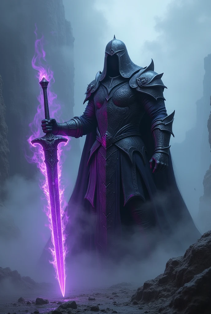 Dark Paldin in the fog with sword covered in purple fire