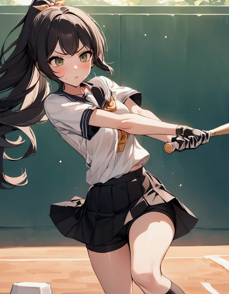 batting stance,{{Baseball bat-swing:1.8}}．Animated image of a player swinging a baseball bat at a ball,{{action}},{{Baseball bat-swing, skirt flips up, glimpse of black shorts:1.8}},striking out swinging,Black shorts in skirt,Cartoonish ,Line of effect,JK,1girl, solo, athlete body,{{swing a baseball bat:1.8}},Baseball bat,swing,twist,Rotation and twisting of the body,{{masterpiece}}, {{{Highest quality}}},{{Very detailed}}, dutch angle,Dynamic composition, A high school girl is swinging and missing at a batting cage,school uniform,mini skirt,Short sleeve blouse　clavicle　Knee-high socks　 Speed Line　Motion Lines　,Batting Center,Bat,Sweat,Bad mood, be flustered,frustrating,{{v-shaped eyebrows}},Bad mood,blush,Sweat,raise one's eyebrows　,Black Hair,batting glove,Indoor batting center,sidelong glance,Black Skirt,Long Hair,ponytail,Black shorts,Above the baseball batter's box,No one in the background ,Green wall background,motion blur