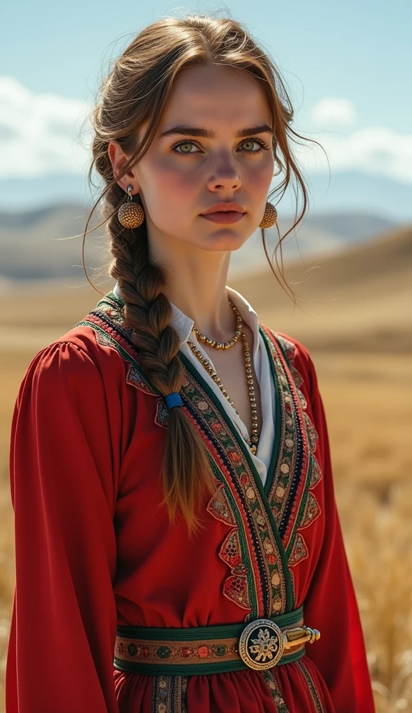 Photorealistic portrait of 18-year-old Emma Watson in Kazakh national dress., Asian flavor. in the steppes of Kazakhstan, National Kazakh clothes in the dominant pose, spread out over 