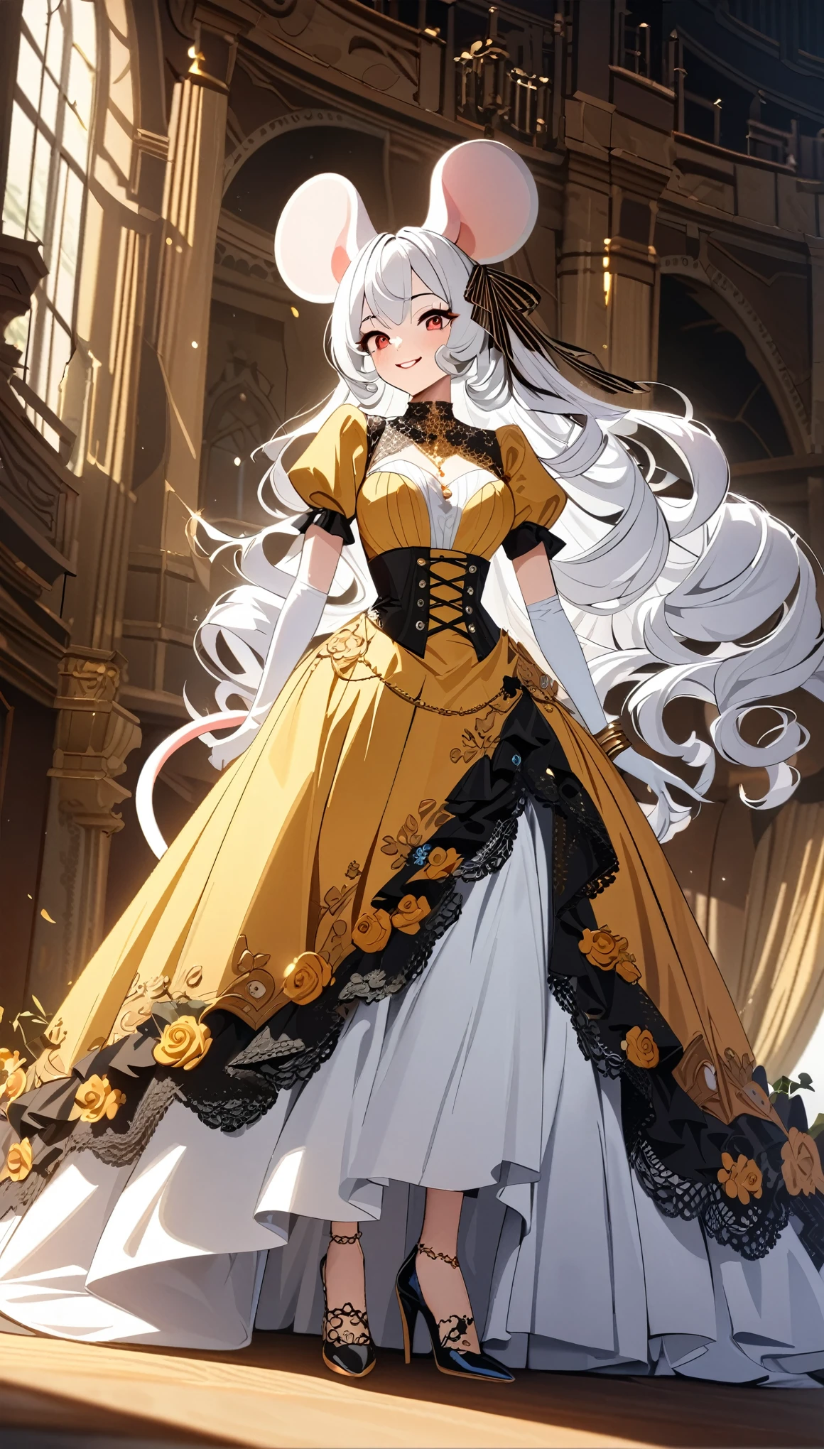 (best quality,4k,8k,highres,masterpiece:1.2), ultra-detailed, Pretty anthropomorphic mouse girl, drawn in anime style, steampunk, wearing a flowery yellow ball gown with puffy sleeves, steampunk, gorgeous frilly dress design,flowing gown,elaborate lace details,rich textures,contrast stitching,delicate ribbon bows,floral accents, daisy flowers embroidery, full skirt,short sleeves,fitted waistline,flared cuffs,lace-up back,luxurious fabrics,flawless silhouette, long curly white hair and red eyes, white fur, smiling, mouse ears and tail, high heels, white elbow gloves, earrings, gold bracelets, red lipstick, eyeshadow, seashell necklace, Standing in a castle ballroom in elegant pose.