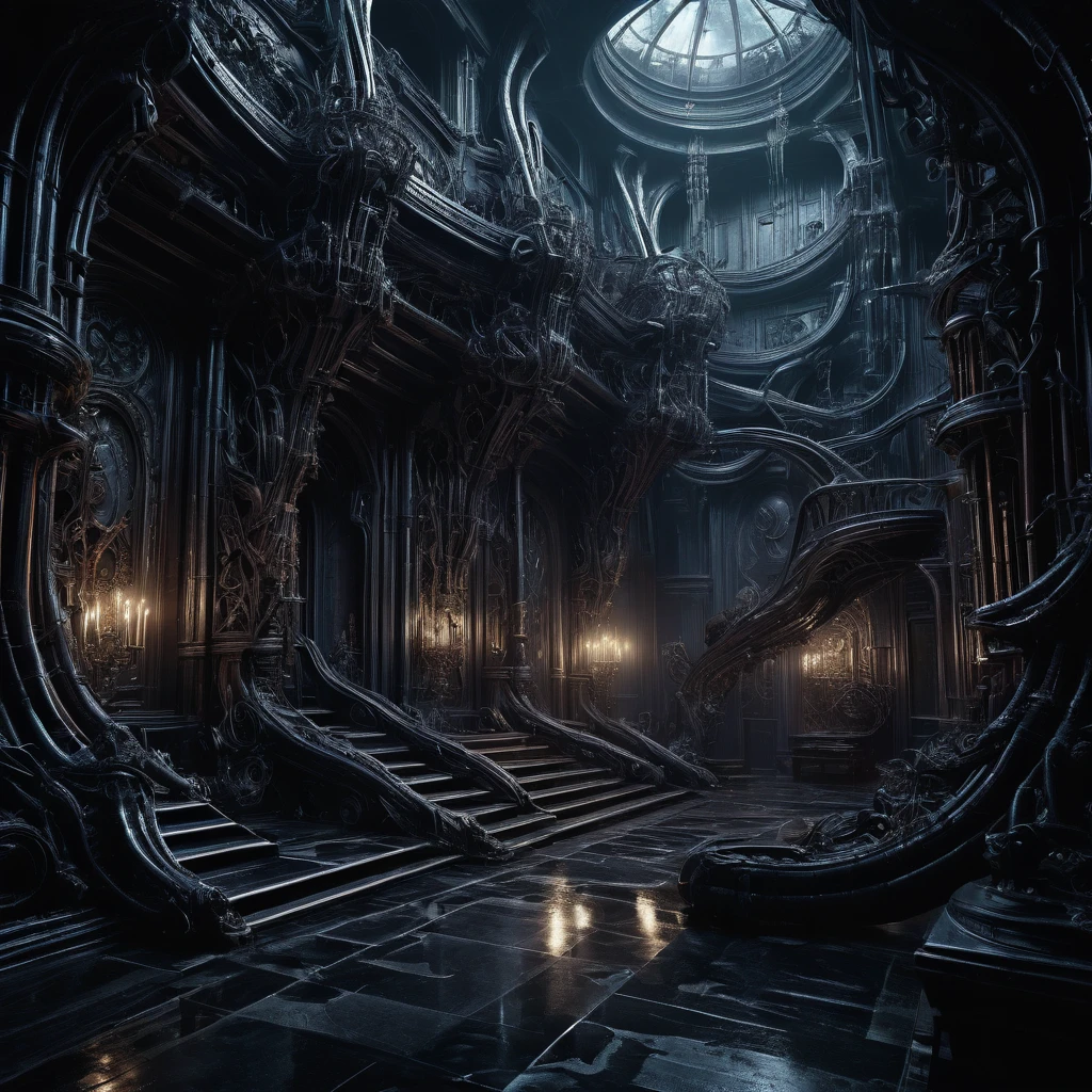 An AI-generated masterpiece depicting a chilling symphony of music resonating from within grotesque, organic structures inspired by H.R. Giger's nightmarish creations. The scene showcases the fusion of art and technology, creating an eerie and surreal ambiance. The image portrays the following elements:

- (best quality, 4k, highres, masterpiece:1.2), ultra-detailed, (realistic, photorealistic, photo-realistic:1.37) rendering: The image is of the highest quality, with intricate details and lifelike textures. The lighting and shadows are meticulously crafted to create a realistic atmosphere.

- Grotesque, organic structures: These otherworldly structures are reminiscent of H.R. Giger's signature style, blending bio-mechanical elements with hauntingly beautiful aesthetics. The intricate details of the structures convey a sense of dark elegance.

- AI-generated music: The air is filled with an ethereal symphony, harmonizing with the surroundings. The music is an AI-generated composition, creating a unique, haunting experience for the viewer.

- Eerie ambiance: The scene exudes a chilling atmosphere, with hints of suspense and mystery. The lighting is subdued but strategically placed to enhance the unsettling mood. Shadows dance across the grotesque structures, adding depth and drama.

- Surreal elements: The image presents a surreal setting that merges the boundaries between reality and dreams. It sparks the imagination and invites viewers to explore the darkest corners of their minds.

- Cinematic color palette: The color palette consists of deep, rich tones, enhancing the eerie atmosphere. Shades of dark blues, purples, and blacks dominate the scene, adding a sense of unease and mystery.

- Unconventional perspectives: The composition features unconventional angles and perspectives, allowing the viewer to immerse themselves in the surreal world. The distorted viewpoints add to the unsettling nature of the image.

- Attention to detail: Every element of the image is m