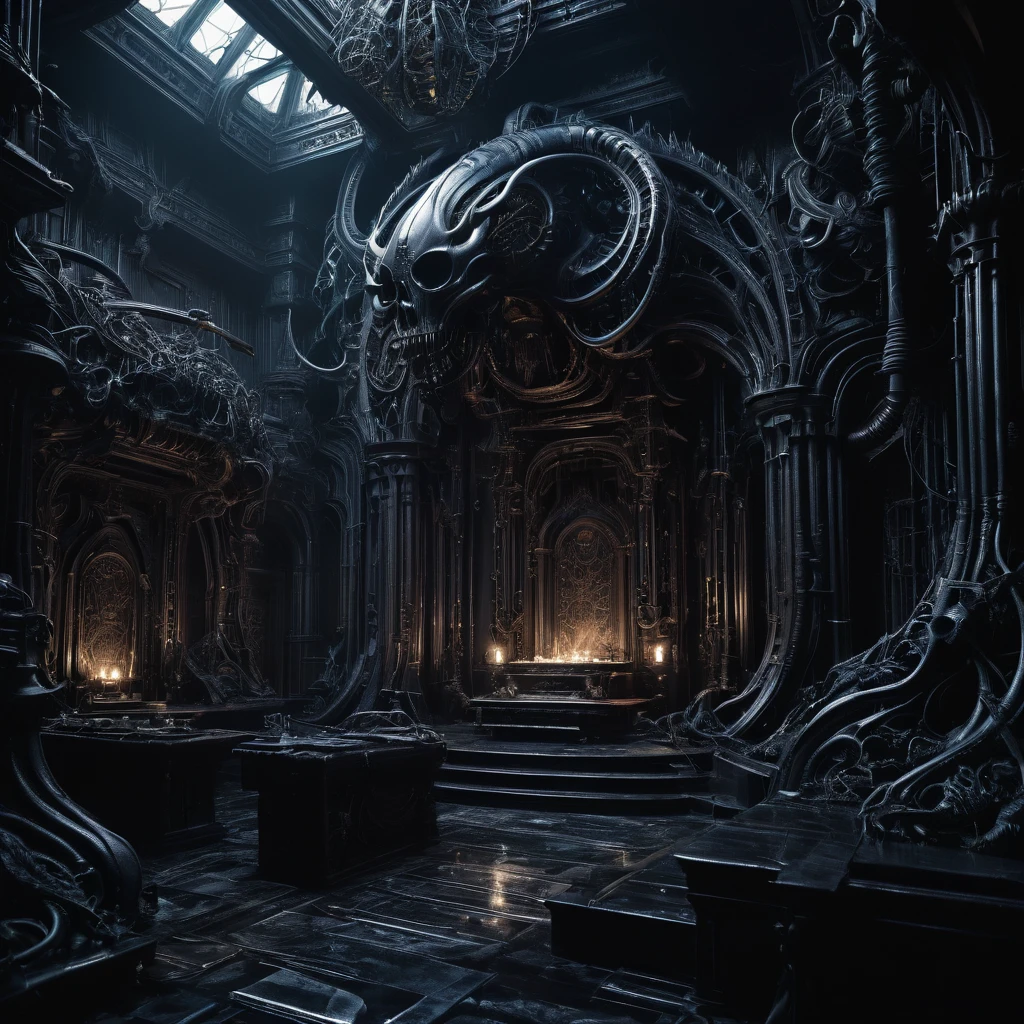 An AI-generated masterpiece depicting a chilling symphony of music resonating from within grotesque, organic structures inspired by H.R. Giger's nightmarish creations. The scene showcases the fusion of art and technology, creating an eerie and surreal ambiance. The image portrays the following elements:

- (best quality, 4k, highres, masterpiece:1.2), ultra-detailed, (realistic, photorealistic, photo-realistic:1.37) rendering: The image is of the highest quality, with intricate details and lifelike textures. The lighting and shadows are meticulously crafted to create a realistic atmosphere.

- Grotesque, organic structures: These otherworldly structures are reminiscent of H.R. Giger's signature style, blending bio-mechanical elements with hauntingly beautiful aesthetics. The intricate details of the structures convey a sense of dark elegance.

- AI-generated music: The air is filled with an ethereal symphony, harmonizing with the surroundings. The music is an AI-generated composition, creating a unique, haunting experience for the viewer.

- Eerie ambiance: The scene exudes a chilling atmosphere, with hints of suspense and mystery. The lighting is subdued but strategically placed to enhance the unsettling mood. Shadows dance across the grotesque structures, adding depth and drama.

- Surreal elements: The image presents a surreal setting that merges the boundaries between reality and dreams. It sparks the imagination and invites viewers to explore the darkest corners of their minds.

- Cinematic color palette: The color palette consists of deep, rich tones, enhancing the eerie atmosphere. Shades of dark blues, purples, and blacks dominate the scene, adding a sense of unease and mystery.

- Unconventional perspectives: The composition features unconventional angles and perspectives, allowing the viewer to immerse themselves in the surreal world. The distorted viewpoints add to the unsettling nature of the image.

- Attention to detail: Every element of the image is m