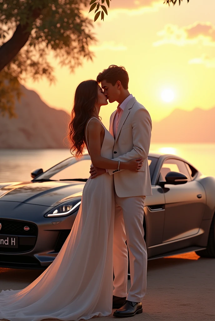 A boy and girl kiss and hug on near by jaguar car and car name plate name is R and H and girl wear white gown and boy wear white coat pant and near by sunset 