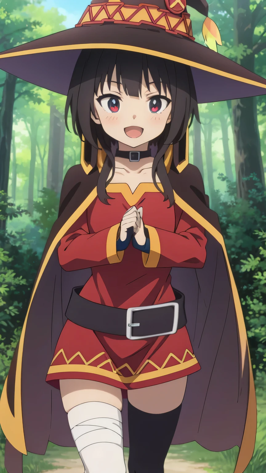 {{{masterpiece}}}, {{{best quality}}}, {{ultra-detailed}}, {illustration}, {{an extremely delicate and beautiful}}, (beautiful detailed eyes:1.6), extremely detailed face, 16k, visual anime de uma jovem mulher, extremamente bonito rosto de anime, anime melhor garota,(High resolution eyes, Beautiful eyes, Light in the eyes), anime face, Megumin(konosuba), megumindef, cute face, short hair, black hair, sidelocks, red eyes, small breasts, thin waist, big hips, curvaceous, BREAK, witch hat, Red clothes, long sleeve, black cape, fingerless gloves, black choker, black belt, Asymmetrical socks, bandage socks on right leg, black high socks on left foot, brown boots, thighs, zettai ryouik, BREAK, INCOMING HUG, INCOMING KISS, blush, sorriso alegre, open mouth, visual anime de uma jovem mulher, extremamente bonito rosto de anime, anime melhor garota, sorriso astuto, outdoor, sky, daytime, forest, field