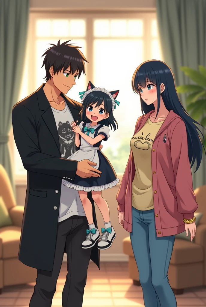 A 2 anime fantasy handsome strong father with bright green eyes , a black fit coat and a white t-shirt with a picture of black tiger in the middle of that . black neat hair and a soft kindly smile on his face , a strong body as a sign of exerciser being , lifted up and spin around an innocent 4-year-old fantasy anime daughter with big and blue eyes that twinkle in the room light, playfully and softly chuckles with blushed cheeks, while she is suspended in his arms , Her arms are slightly opened as a sign of joy , her white and black and blue baby maid outfit with unreal cat ears and two blue bow ties on her head, fairly long straight black hair, in the middle of the living room , and in a moment , A 25-year-old fantasy anime beautiful bully mom with shiny blue eyes, an enjoyable look and a soft smile on her face while chuckle , a kind and affectional look, blushed cheeks, a light yellow t-shirt with a fantasy princess in flower view in the middle, and a pink jacket with white lines on it. White and black sports shoes and golden bracelet with golden dragon design, a sky blue jean , long straight blue hair , in the middle of the living room , stands near and looking to her husband and daughter . enjoying moment as a happy family
