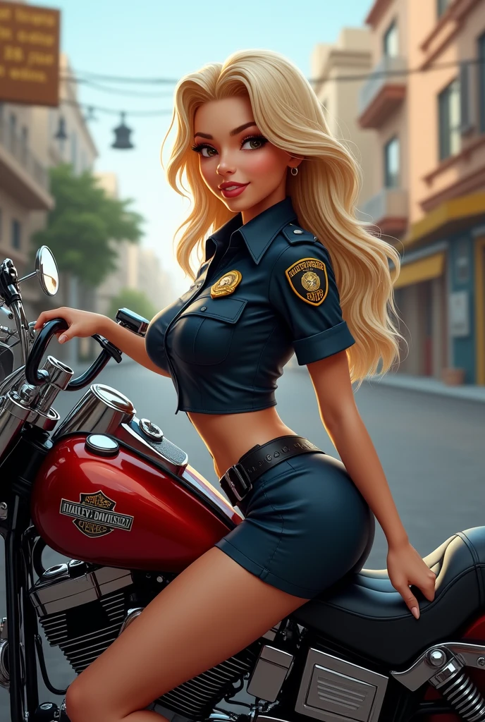 Sexy policewoman, miniskirt, sitting on a motorcycle, Harley Davidson, blonde, smile, happy, innocent