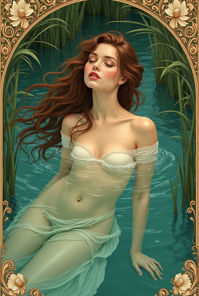 (photorealism:1.2), beautiful woman, swimming on river, wearing no cloth by Alphonse Mucha