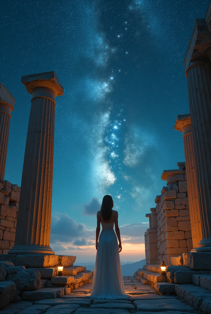 words "unlimited" It's written in big letters at the bottom of the screen., ((masterpiece, Highest quality, Best image quality, High resolution, Realistic, RAW Photos, 8k)), ((Highly detailed CG synthesis 8k wallpaper)), (Huge and stunning goddess shot, Incredible beauty, Perfect Proportions, Beautiful body, Slim body beauty:1.4), Midnight, Looking up at the stars from the ruins of ancient Greece, Ancient Gods々The starry sky that I looked up at, The origin of humanity,