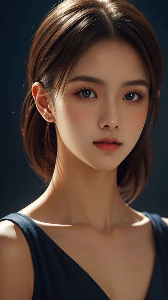 The artwork features a stunning portrait of a beautiful girl with a dark theme, ultra-sharp 16k CG, a masterpiece, excellent image quality, very delicate), (excellent lighting and shadows, exquisite and beautiful), truly smooth skin, bright face, displaying near-perfect 18k quality, versatile, lovely.