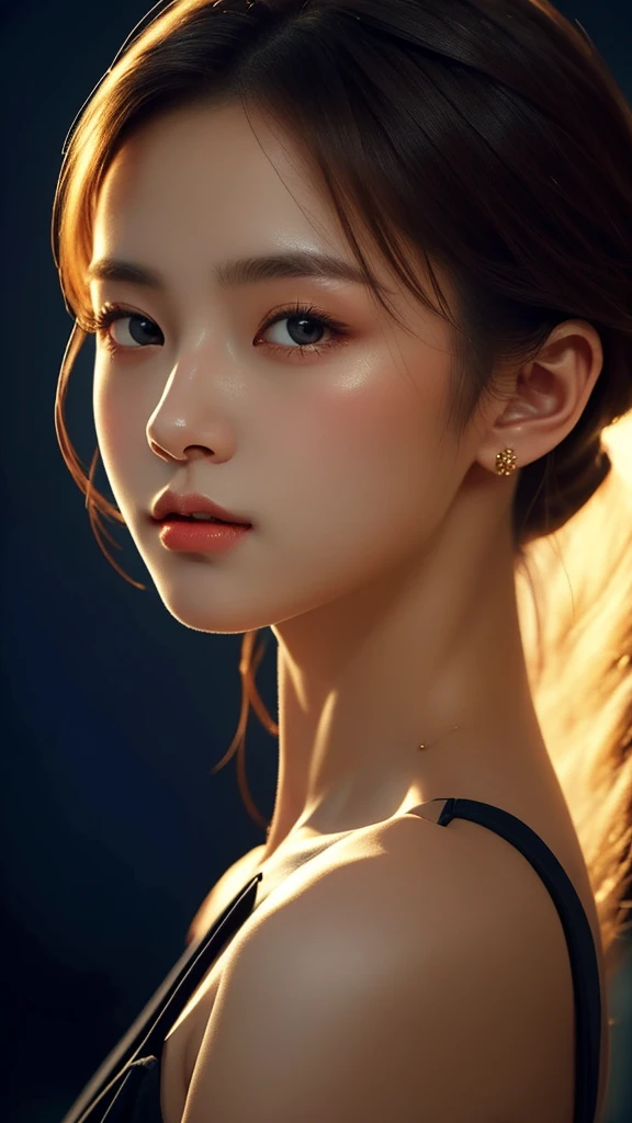 The artwork features a stunning portrait of a beautiful girl with a dark theme, ultra-sharp 16k CG, a masterpiece, excellent image quality, very delicate), (excellent lighting and shadows, exquisite and beautiful), truly smooth skin, bright face, displaying near-perfect 18k quality, versatile, lovely.